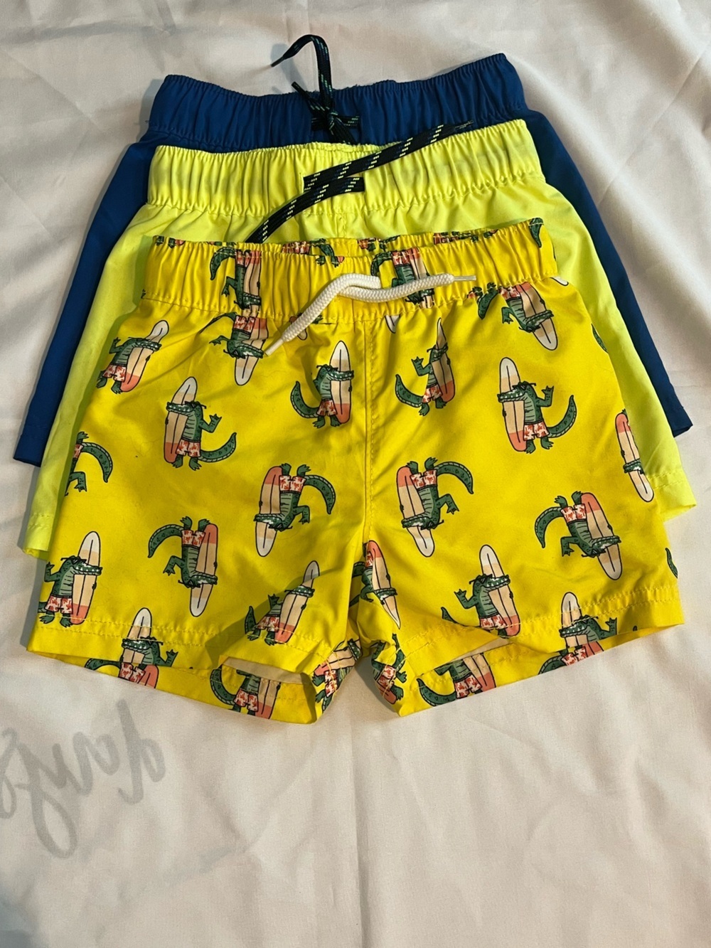 Set of Three Old Navy Swim Shorts in Neons & Alligator Print in Size 18-24 Month
